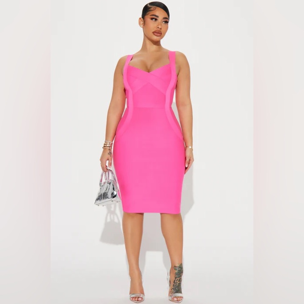 Elise Bandage Midi Dress - Hot Pink
